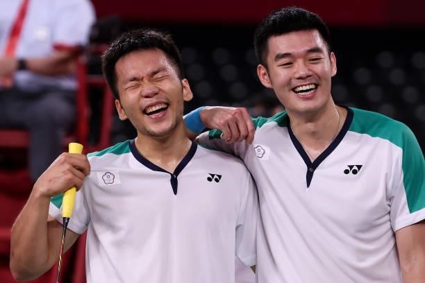 Lee Yang and Wang Chi-Lin of Team Chinese Taipei celebrate as they win against Li Jun Hui and Liu Yu Chen of Team China during the Men’s Doubles Gold...