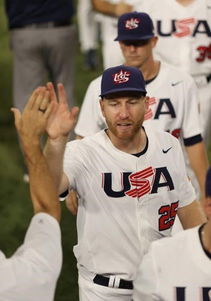 Todd Frazier of Team United States celebrates winning the match 4-2 during the baseball opening round Group B game between Team South Korea and Team...