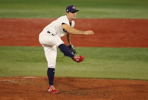 David Robertson of Team United States pitches in the ninth inning during the baseball opening round Group B game between Team South Korea and Team...