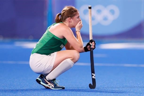 Kathryn Mullan of Team Ireland reacts following a loss in the Women's Preliminary Pool A match between Ireland and Great Britain on day eight of the...