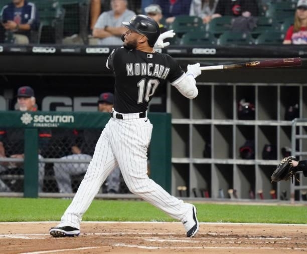 Yoan Moncada of the Chicago White Sox home run during the second inning of a game against the Cleveland Indians at Guaranteed Rate Field on July 30,...