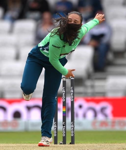 Invincibles bowler Alice Capsey in bowling action during The Hundred match between Northern Superchargers Women and Oval Invincibles Women at Emerald...