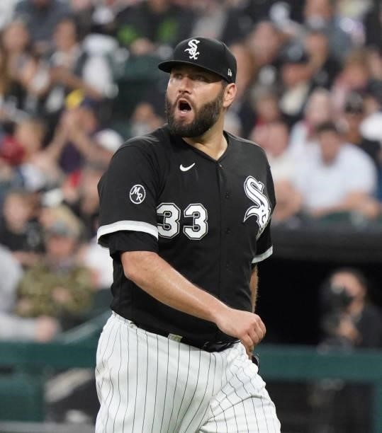 Lance Lynn of the Chicago White Sox reacts after the second inning against the Cleveland Indians at Guaranteed Rate Field on July 30, 2021 in...
