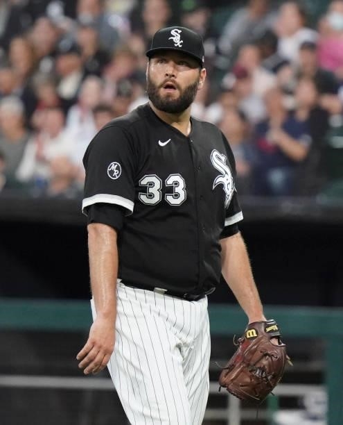 Lance Lynn of the Chicago White Sox reacts after the second inning against the Cleveland Indians at Guaranteed Rate Field on July 30, 2021 in...