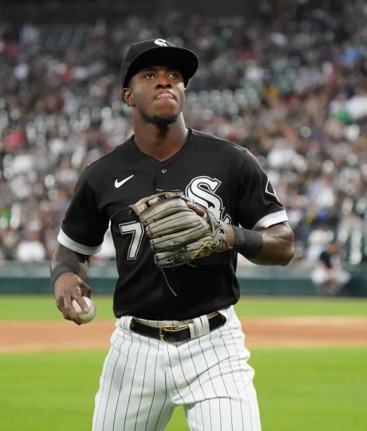 Tim Anderson of the Chicago White Sox throws a ball into the stands during a game against the Cleveland Indians at Guaranteed Rate Field on July 30,...