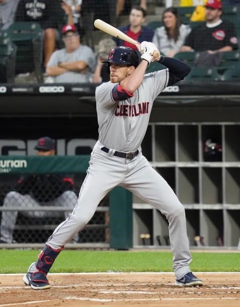 Bradley Zimmer of the Cleveland Indians bats against the Chicago White Sox at Guaranteed Rate Field on July 30, 2021 in Chicago, Illinois.