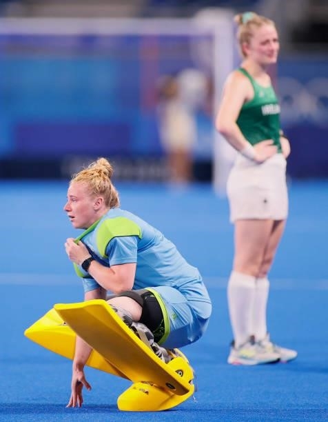 Ayeisha McFerran of Team Ireland reacts following a loss in the Women's Preliminary Pool A match between Ireland and Great Britain on day eight of...
