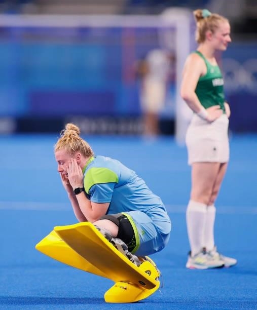 Ayeisha McFerran of Team Ireland reacts following a loss in the Women's Preliminary Pool A match between Ireland and Great Britain on day eight of...