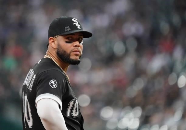 Yoan Moncada of the Chicago White Sox stands on the field during a game against the Cleveland Indians at Guaranteed Rate Field on July 30, 2021 in...