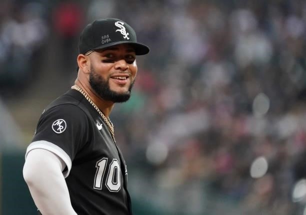 Yoan Moncada of the Chicago White Sox stands on the field during a game against the Cleveland Indians at Guaranteed Rate Field on July 30, 2021 in...