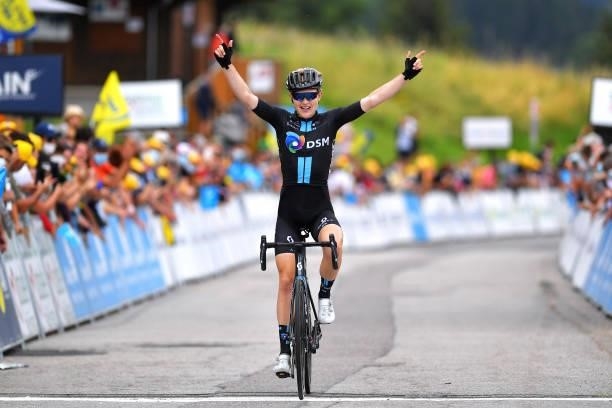 Michael Storer of Australia and Team Team DSM celebrates at finish line as stage winner during the 33rd Tour de l'Ain 2021, Stage 3 a 125km stage...