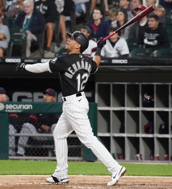 Cesar Hernandez of the Chicago White Sox bats against the Cleveland Indians at Guaranteed Rate Field on July 30, 2021 in Chicago, Illinois.