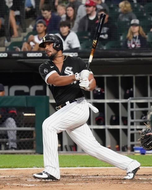 Jose Abreu of the Chicago White Sox bats against the Cleveland Indians at Guaranteed Rate Field on July 30, 2021 in Chicago, Illinois.
