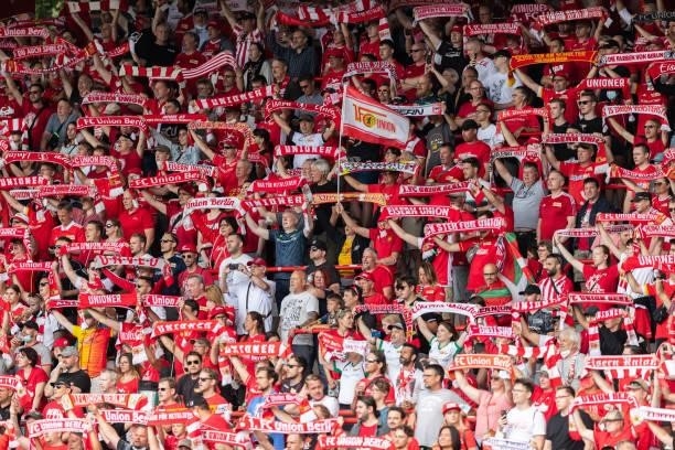 Fans of Union are pictured prior to the pre-season friendly match between 1. FC Union Berlin and Athletic Bilbao at Stadion An der Alten Foersterei...