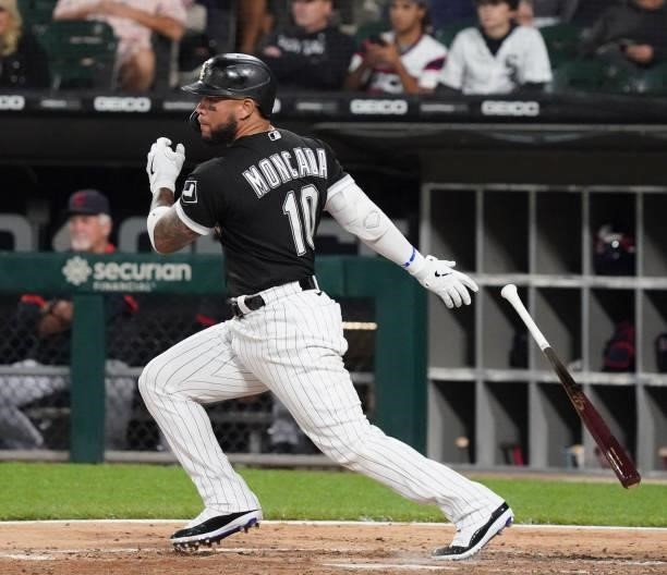 Yoan Moncada of the Chicago White Sox hits a single during the fourth inning of a game against the Cleveland Indians at Guaranteed Rate Field on July...