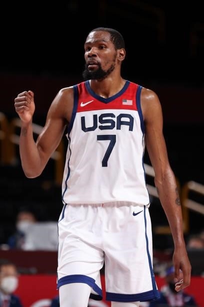 Kevin Durant of Team United States reacts against Czech Republic during the second half of a Men's Basketball Preliminary Round Group A game on day...