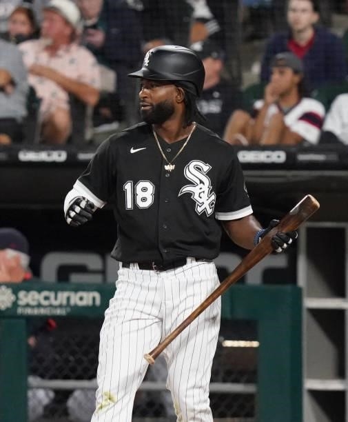 Brian Goodwin of the Chicago White Sox bats against the Cleveland Indians at Guaranteed Rate Field on July 30, 2021 in Chicago, Illinois.