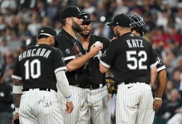 Pitching coach Ethan Katz of the Chicago White Sox speaks with Lance Lynn the fifth inning of a game against the Cleveland Indians at Guaranteed Rate...