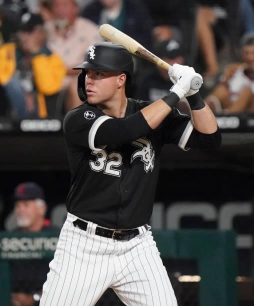 Gavin Sheets of the Chicago White Sox bats against the Cleveland Indians at Guaranteed Rate Field on July 30, 2021 in Chicago, Illinois.