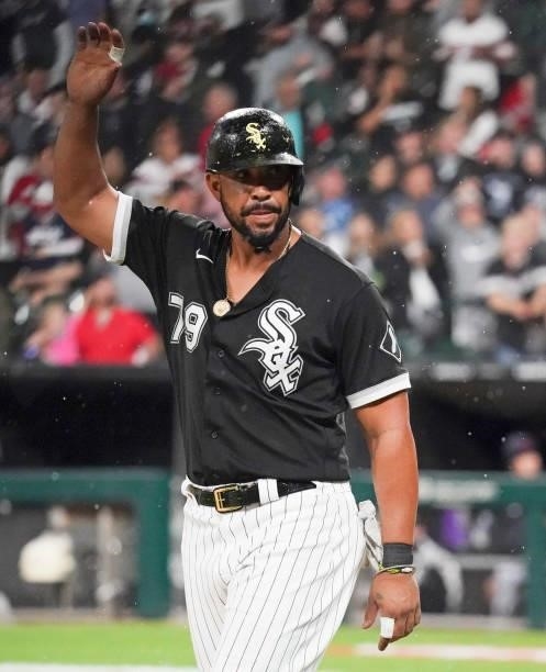 Jose Abreu of the Chicago White Sox gestures during a game against the Cleveland Indians at Guaranteed Rate Field on July 30, 2021 in Chicago,...