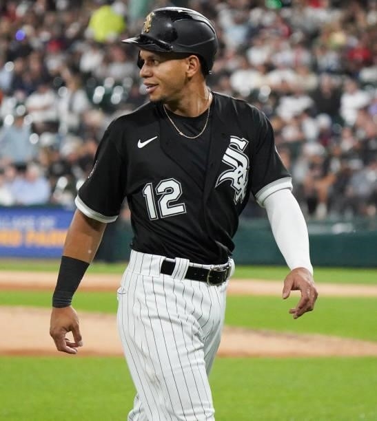 Cesar Hernandez of the Chicago White Sox walks across the field during a game against the Cleveland Indians at Guaranteed Rate Field on July 30, 2021...