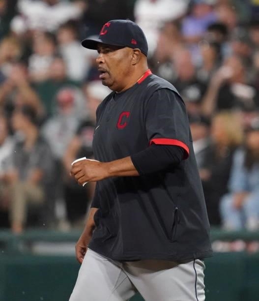 Interim manager DeMarlo Hale of the Cleveland Indians walks towards the mound during a game against the Chicago White Sox at Guaranteed Rate Field on...