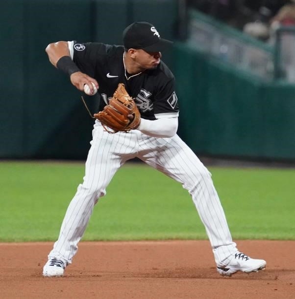 Cesar Hernandez of the Chicago White Sox throws to first during a game against the Cleveland Indians at Guaranteed Rate Field on July 30, 2021 in...