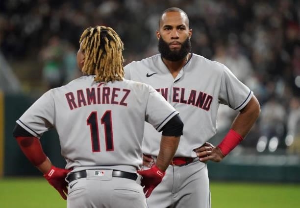 Jose Ramirez and Amed Rosario of the Cleveland Indians react after the seventh inning against the Chicago White Sox at Guaranteed Rate Field on July...