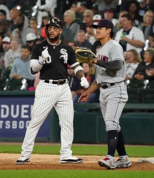 Yoan Moncada of the Chicago White Sox reacts after his single during the seventh inning of a game against the Cleveland Indians at Guaranteed Rate...