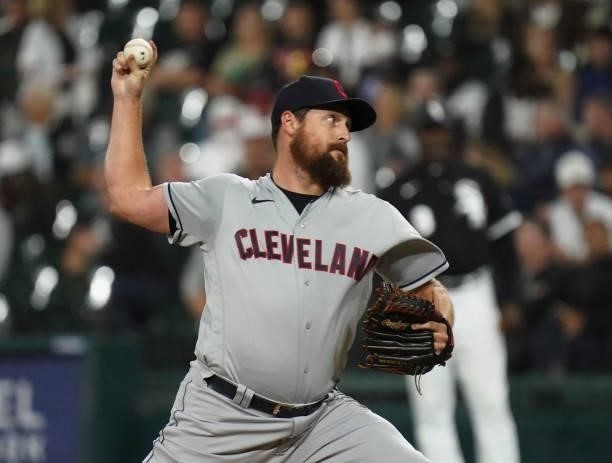 Bryan Shaw of the Cleveland Indians throws a pitch against the Chicago White Sox at Guaranteed Rate Field on July 30, 2021 in Chicago, Illinois.