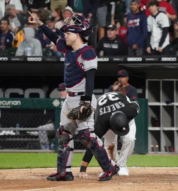 Roberto Perez of the Cleveland Indians reacts after tagging out Gavin Sheets of the Chicago White Sox during the seventh inning of a game at...
