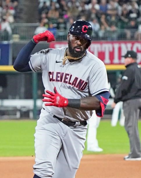 Franmil Reyes of the Cleveland Indians celebrates his home run during the eighth inning of a game against the Chicago White Sox at Guaranteed Rate...