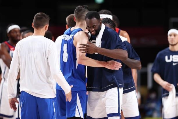 Draymond Green of Team United States hugs Tomas Satoransky of Team Czech Republic following their Men's Basketball Preliminary Round Group A game on...