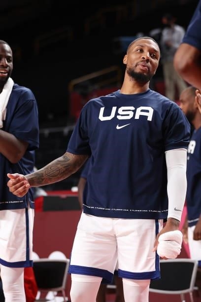 Damian Lillard of Team United States looks on during the second half of the United States' Men's Basketball Preliminary Round Group A game against...