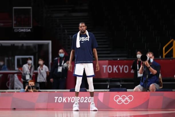 Kevin Durant of Team United States looks on during the second half of the United States' Men's Basketball Preliminary Round Group A game against...