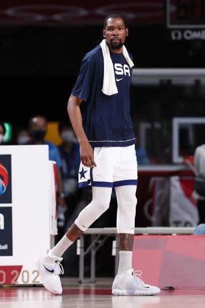 Kevin Durant of Team United States looks on during the second half of the United States' Men's Basketball Preliminary Round Group A game against...