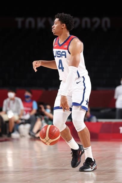 Keldon Johnson of Team United States brings the ball up court against Czech Republic during the second half of a Men's Basketball Preliminary Round...