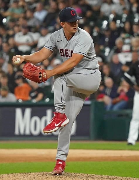James Karinchak of the Cleveland Indians throws a pitch against the Chicago White Sox at Guaranteed Rate Field on July 30, 2021 in Chicago, Illinois.
