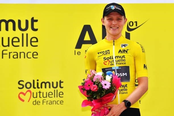 Michael Storer of Australia and Team Team DSM Yellow Leader Jersey celebrates at podium during the 33rd Tour de l'Ain 2021, Stage 3 a 125km stage...