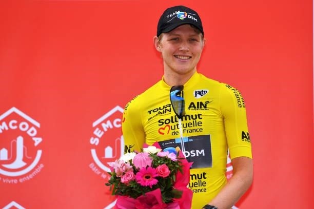 Michael Storer of Australia and Team Team DSM Yellow Leader Jersey celebrates at podium during the 33rd Tour de l'Ain 2021, Stage 3 a 125km stage...