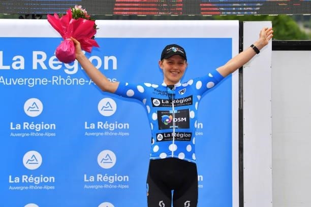 Michael Storer of Australia and Team Team DSM Sylvain Polka Dot Mountain Jersey celebrates at podium during the 33rd Tour de l'Ain 2021, Stage 3 a...