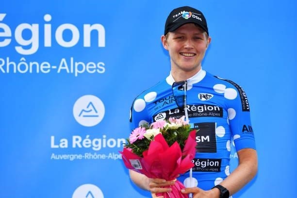 Michael Storer of Australia and Team Team DSM Sylvain Polka Dot Mountain Jersey celebrates at podium during the 33rd Tour de l'Ain 2021, Stage 3 a...