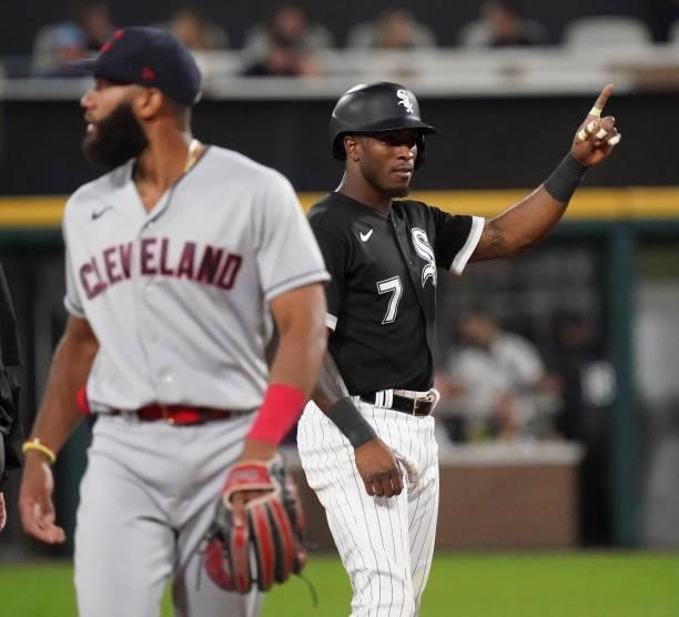 Tim Anderson of the Chicago White Sox reacts during the eighth inning of a game against the Cleveland Indians at Guaranteed Rate Field on July 30,...