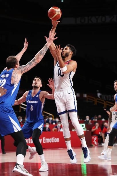 Jayson Tatum of Team United States shoots over Ondrej Balvin of Team Czech Republic during the second half of a Men's Basketball Preliminary Round...