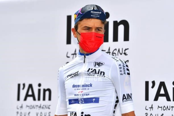 Andrea Bagioli of Italy and Team Deceuninck - Quick-Step White Best Young Rider Jersey celebrates at podium during the 33rd Tour de l'Ain 2021, Stage...