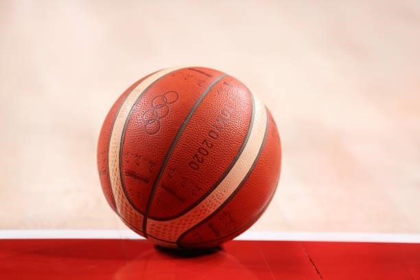 Detail photograph of the official Tokyo 2020 Olympic Basketball during the second half of a Men's Basketball Preliminary Round Group A game between...
