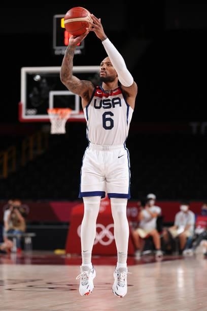 Damian Lillard of Team United States shoots against Czech Republic during the second half of a Men's Basketball Preliminary Round Group A game on day...