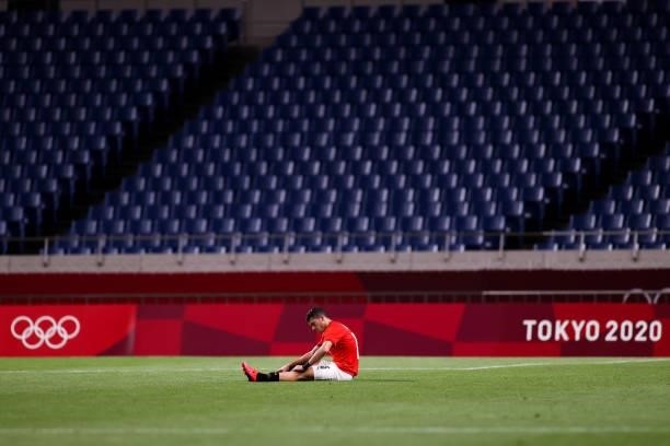 Emam Ashour of Egypt show his dejection after the Men's Quarterfinal match between Brazil and Egypt during the Tokyo 2020 Olympic Games at Saitama...
