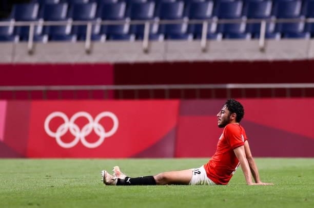 Akram Tawfik of Egypt show his dejection after the Men's Quarterfinal match between Brazil and Egypt during the Tokyo 2020 Olympic Games at Saitama...