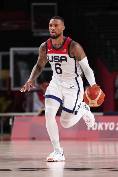 Damian Lillard of Team United States brings the ball up court against Czech Republic during the second half of a Men's Basketball Preliminary Round...
